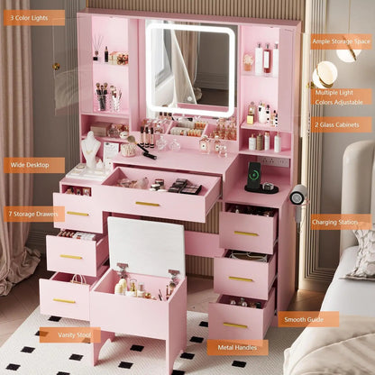 7 Drawer Makeup Vanity with LED Light Strip Mirror and Chair for your Teens