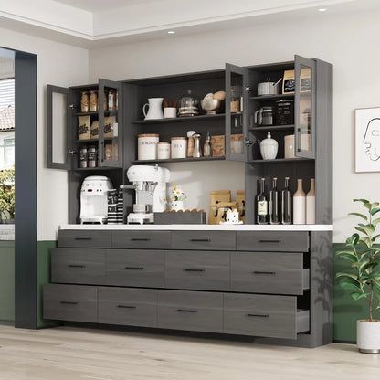 94.5" W Modern Wooden Kitchen Pantry with Countertop, 12 Drawers & 4 Glass Doors, Cupboard Storage Cabinet  and 6 Hidden Shelves