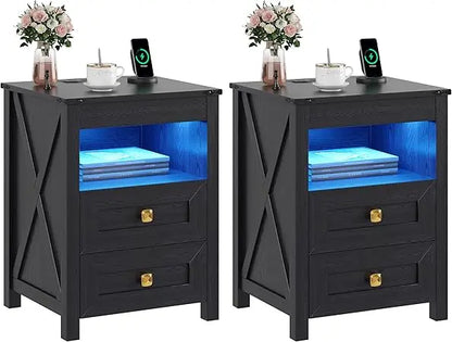 Set of 2 LED Farmhouse Nightstand or Bedside Tables with Gun Drawer, Charging Station for Bedroom