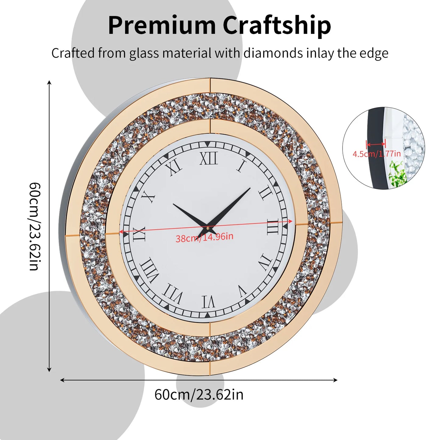 24inch Crystal Sparkle Twinkle Bling Crush Diamond Large Mirrored Wall Clock
