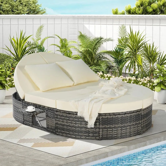 Outdoor Round Patio Daybed, Rattan Sun Bed with Adjustable Backrests and Foldable Cup Trays, Reclining Outdoor Lounger with Cus