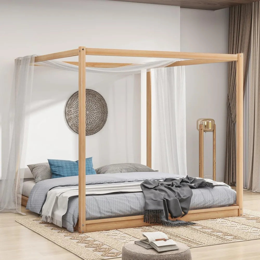 King Size Low Canopy Bed Frame with Support Legs, Solid Wood and Wooden Slats