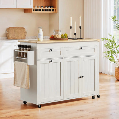 81.7" Mobile Kitchen Storage Islands with Extendable Dining Table, Rolling Kitchen Cart with Power Outlet, Trash Cabinet