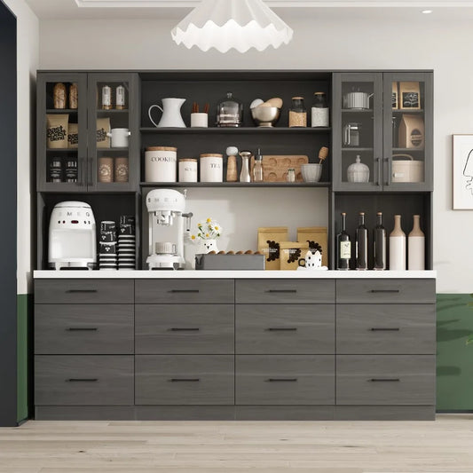 94.5" W Modern Wooden Kitchen Pantry with Countertop, 12 Drawers & 4 Glass Doors, Cupboard Storage Cabinet  and 6 Hidden Shelves