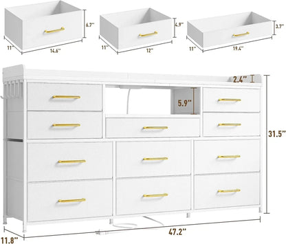60" Long Dresser TV Stand with 11 Drawers, LED Lights, Charging Station for Bedroom