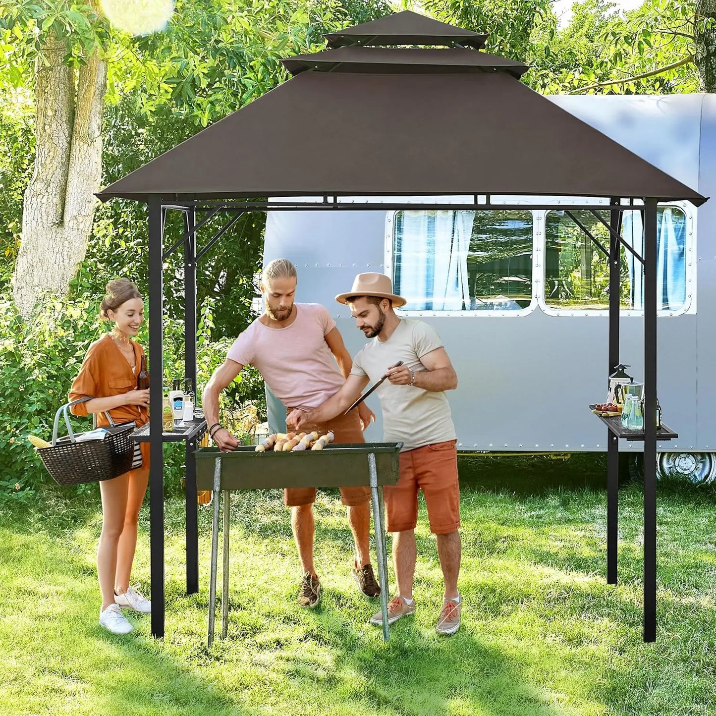 8x5' 3-Tier Grill Gazebo for Cookouts with Height-Adjustable Shelves & 10 S-Shaped Hooks & Built-in Bottle Opener, Brown