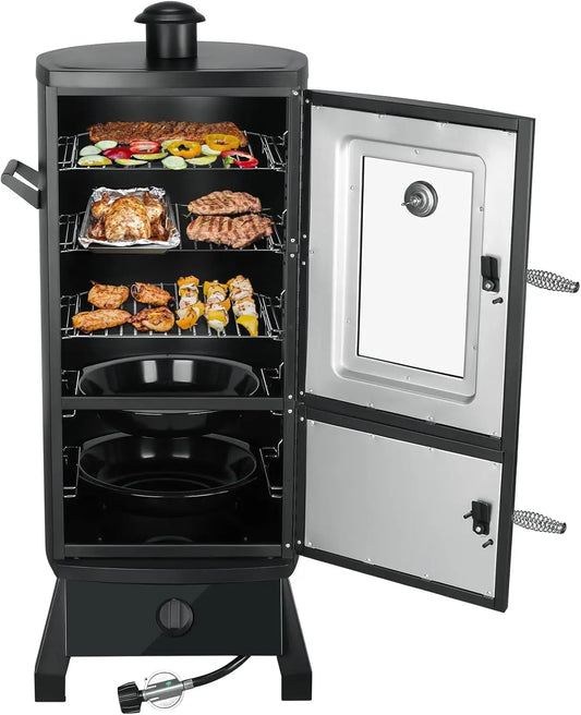 Heavy Duty  Vertical Propane Smoker Grill with Cover, Temperature Control and  Three Removable Shelves.