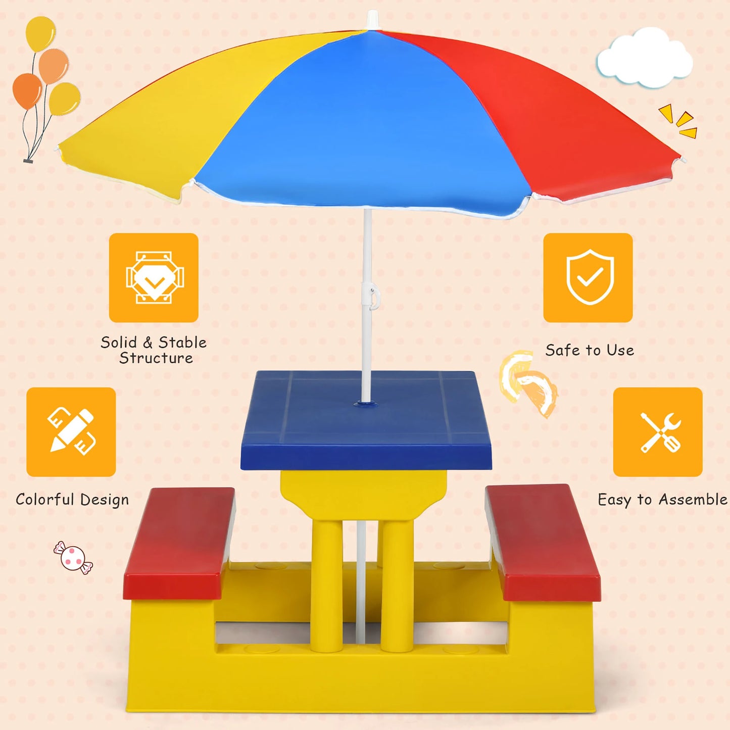 Kids Picnic Table Set W/Removable Umbrella Indoor/Outdoor for Garden or Patio