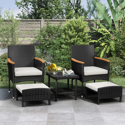 5 PCS Outdoor Bistro Wicker Table & Ottoman Patio Set