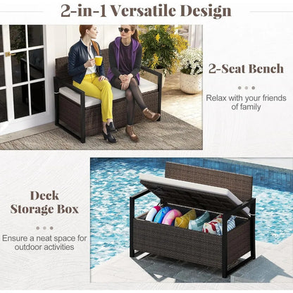 40 Gallon Patio Wicker Metal Frame Storage Bench with Cushion and Cover for backyard.