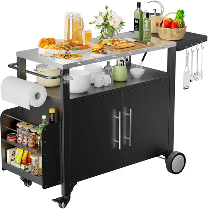 Outdoor Weatherproof Grill Cart Storage and Spice Rack Patio Kitchen Island with Wheels, Hooks .