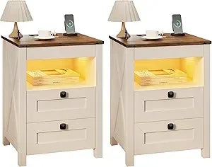 Set of 2 LED Farmhouse Nightstand or Bedside Tables with Gun Drawer, Charging Station for Bedroom