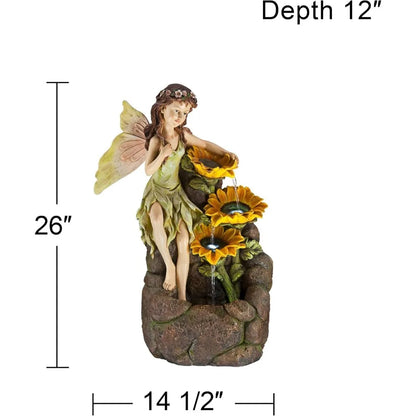 26" High Outdoor Garden Fairy with Sunflowers, Cascading Water, LED Lights for Garden, Patio, Backyard, Deck, and Home