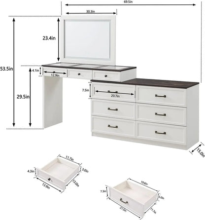 Farmhouse 69" W Big Vanity Desk with Glass Top, Makeup Table, 9 Large Storage Drawers and Color Available Light ,White