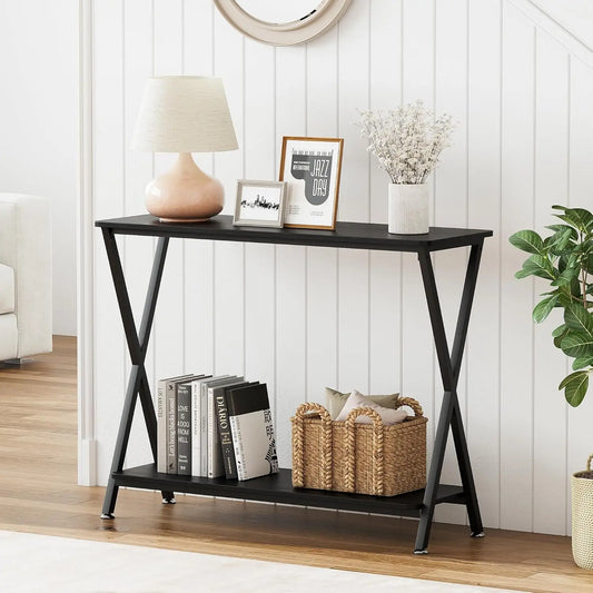 Narrow Console  Metal Frame Wood Sofa 2-Tier Industrial Entryway Table with Shelf For Living Room, 80*30*81cm
