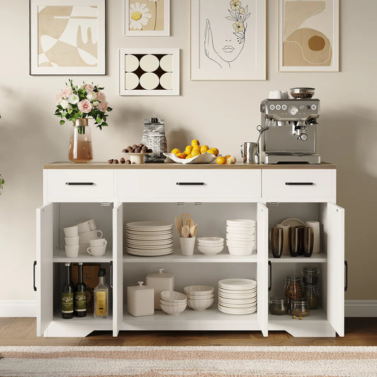 55" Large Sideboard Buffet Storage Cabinet with 3 Drawers and 4 Doors, Wood