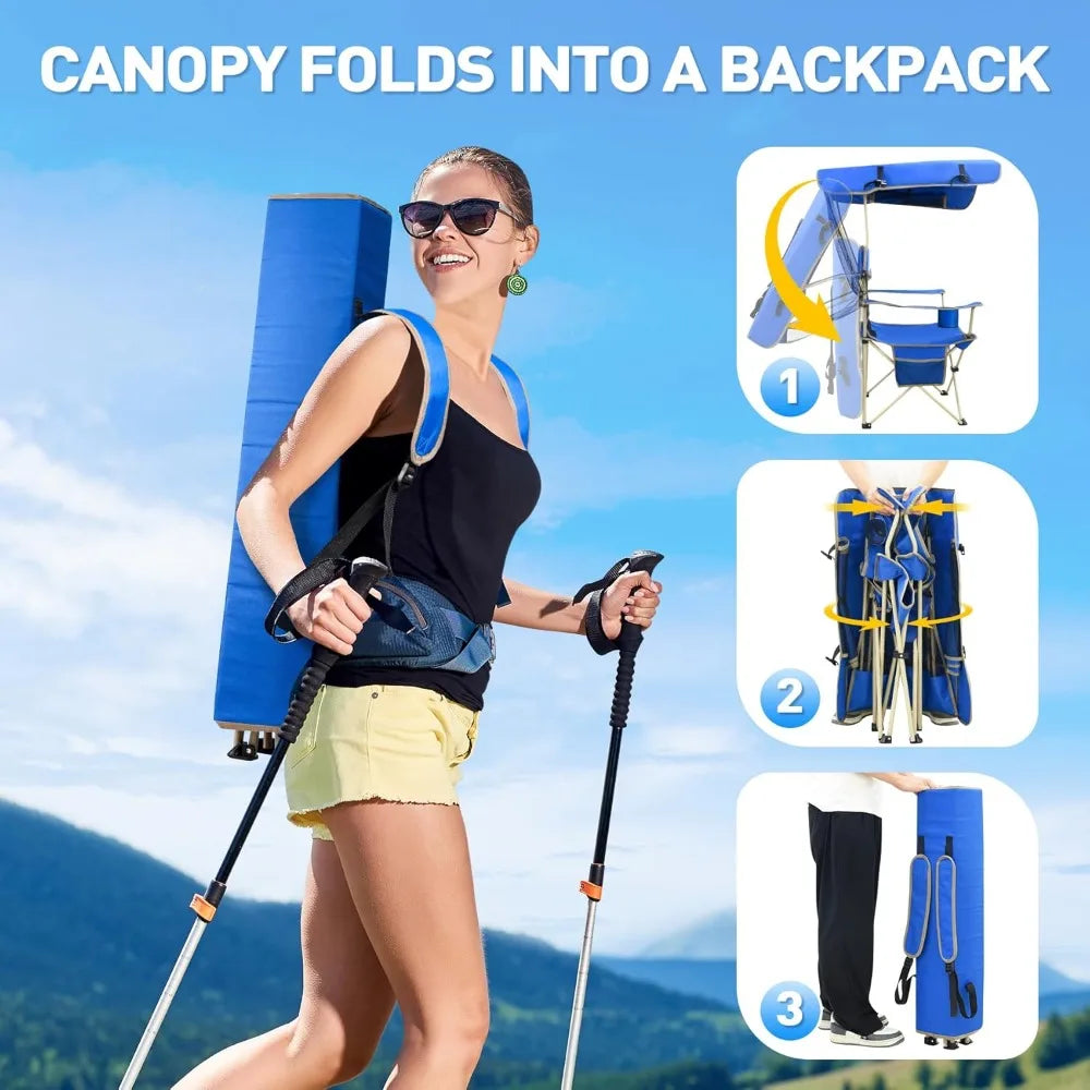 Folding Camping Chair with Shade Canopy with  Cooler Bag for Outdoor Sports, Lawn Chairs