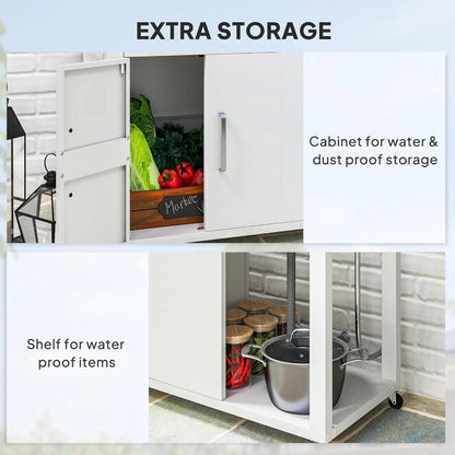 Outdoor Kitchen Island Grill Table and with Stainless Steel Sink and Drainage, Foldable Side Table and Cabinet