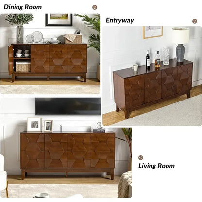 60" Kitchen Storage Credenza Sideboard Buffet Cabinet with Solid Wood Legs, 4 Doors and 2 Shelves, Cabinet for Dishes