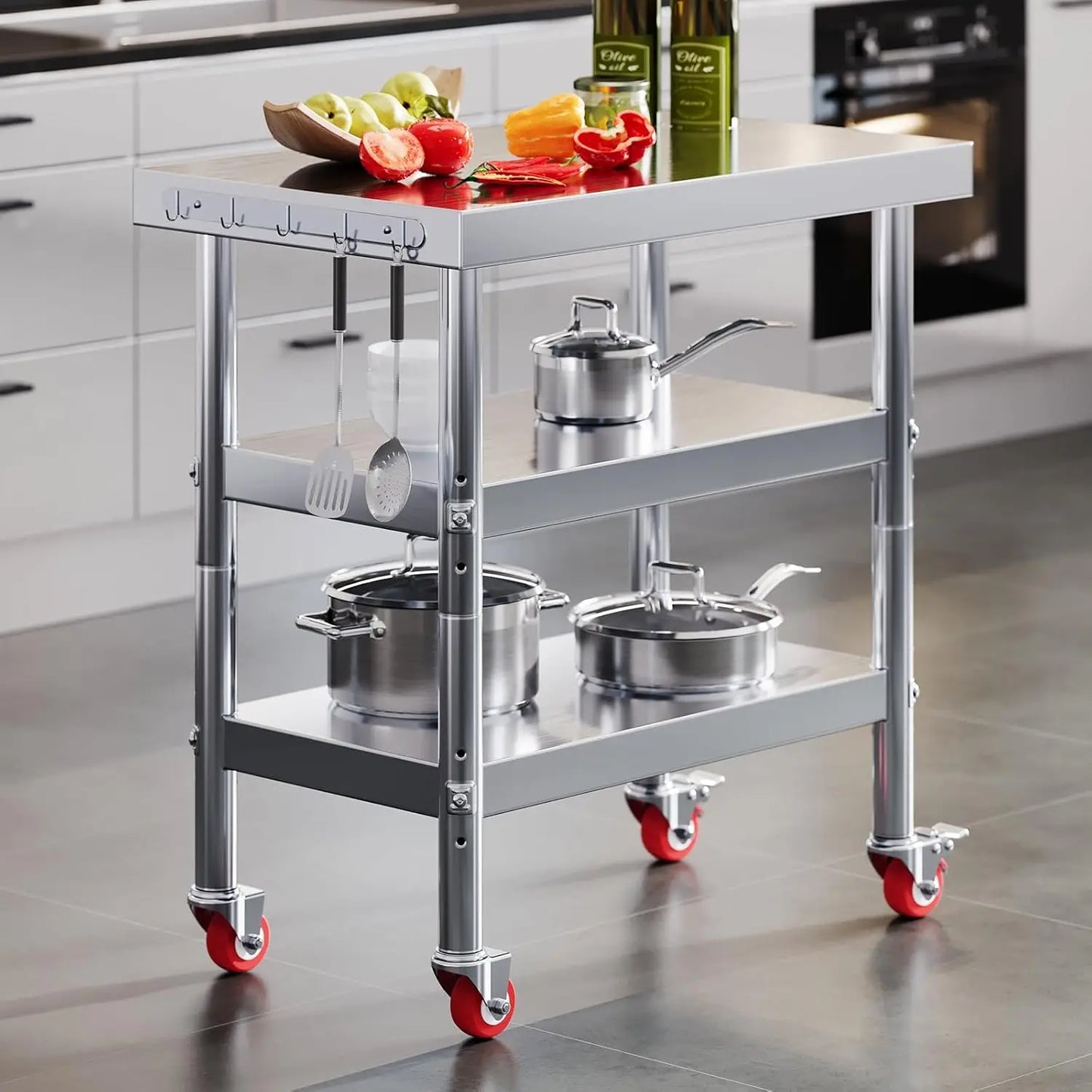 22x36in Stainless Steel Prep Table with NSF Certified Metal Surface , Adjustable Undershelf, Includes Casters& Hooks