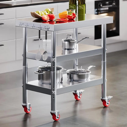 22x36in Stainless Steel Prep Table with NSF Certified Metal Surface , Adjustable Undershelf, Includes Casters& Hooks
