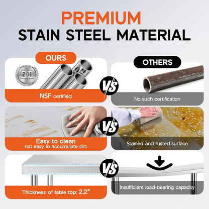 22x36in Stainless Steel Prep Table with NSF Certified Metal Surface , Adjustable Undershelf, Includes Casters& Hooks