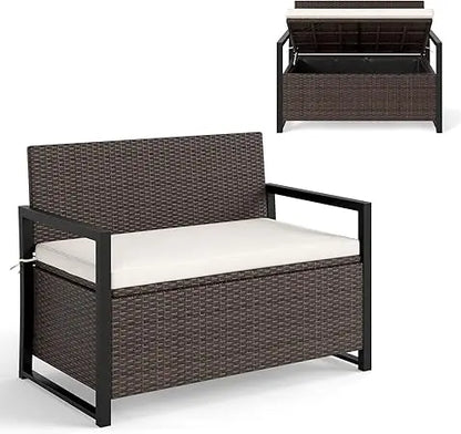 40 Gallon Patio Wicker Metal Frame Storage Bench with Cushion and Cover for backyard.