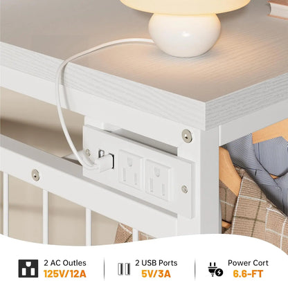49.2" W White 6 Drawer Dresser for Bedroom with Hanging Rack, LED Lights & Charging Station, Fabric Dressers