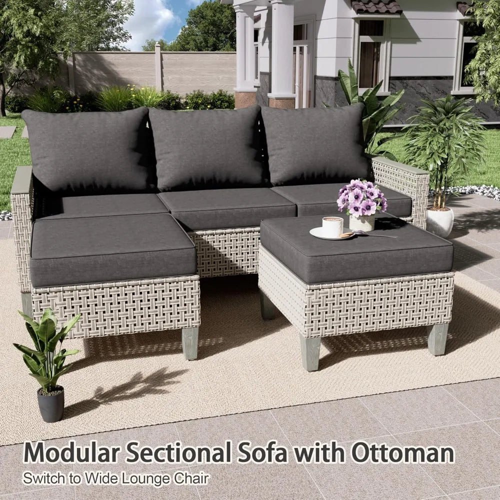 7 Piece Modern Rattan Modular Wicker Outdoor Sectional Sofa with Ottomans and Thick Cushions