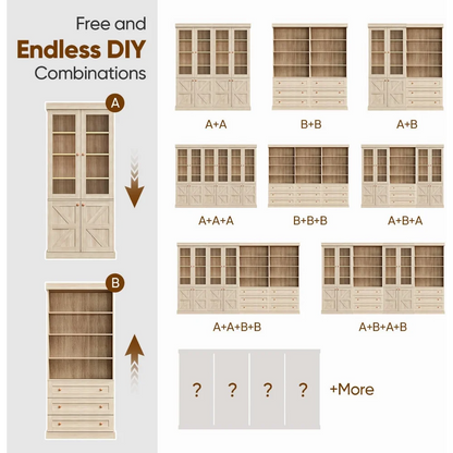71" Tall Farmhouse Set of 3 Large Storage Cabinets with Glass Doors & Adjustable Shelves, Versatile Wood Hutch