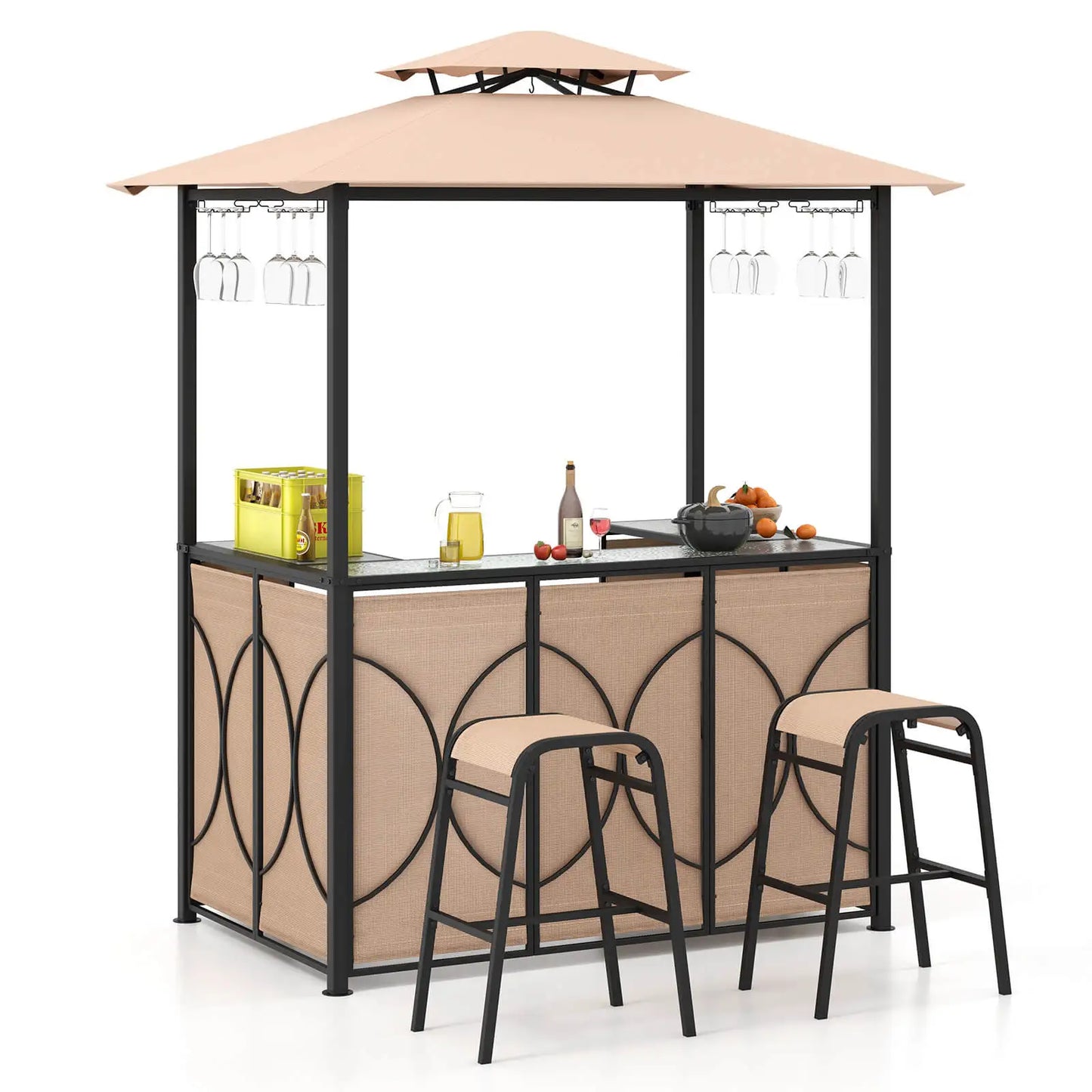 3 PCS Metal Tempered Glass Patio Bar Set with Metal Storage Shelves for Garden Brown