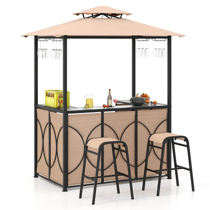 3 PCS Metal Tempered Glass Patio Bar Set with Metal Storage Shelves for Garden Brown