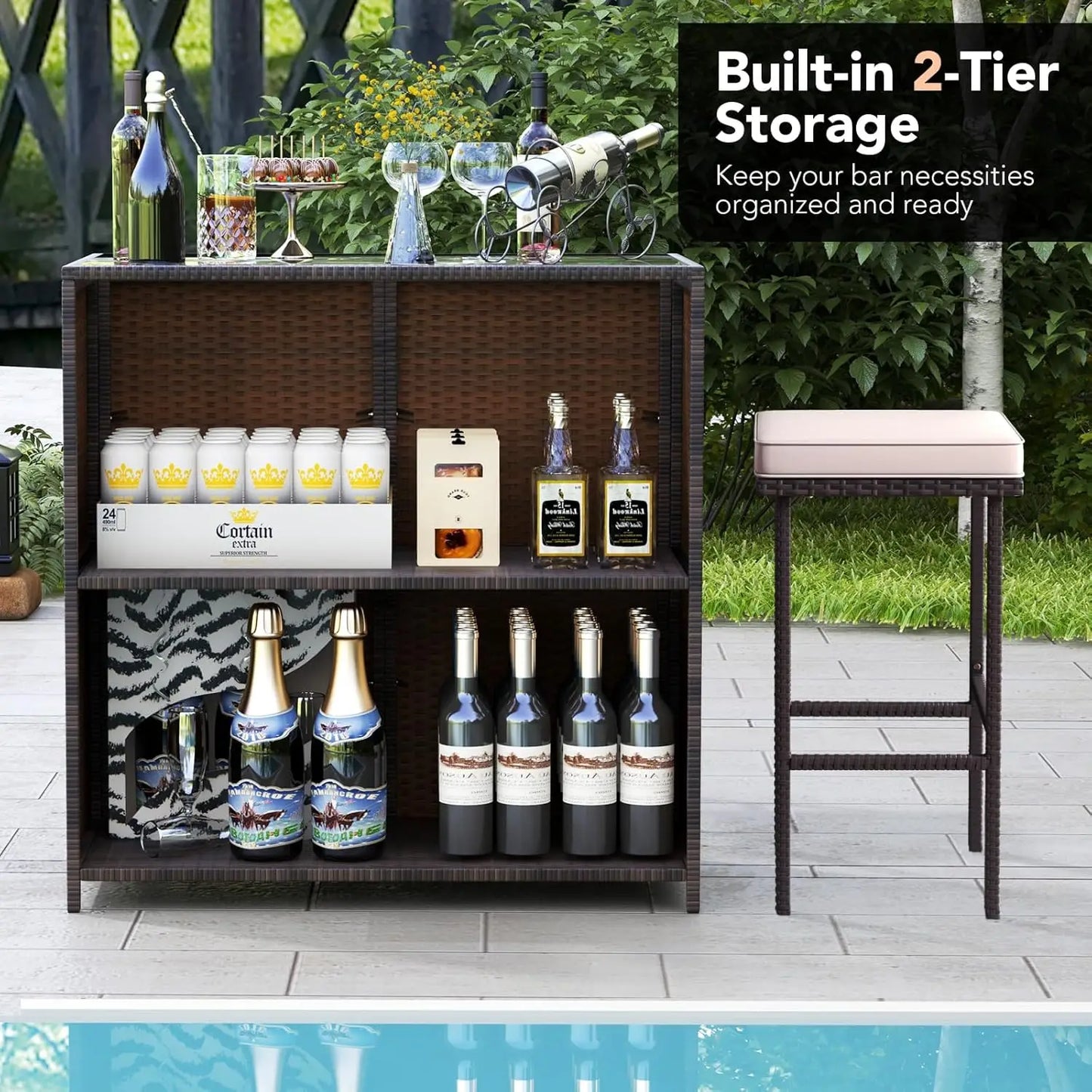 3 Piece Outdoor Rattan Patio Bar and 2 Stools with Tempered Glass Tabletop and Removable Cushions
