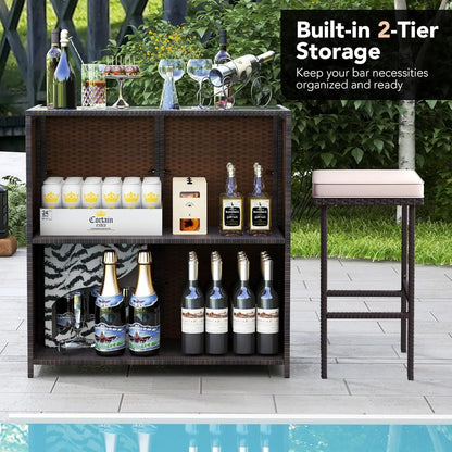 3 Piece Outdoor Rattan Patio Bar and 2 Stools with Tempered Glass Tabletop and Removable Cushions