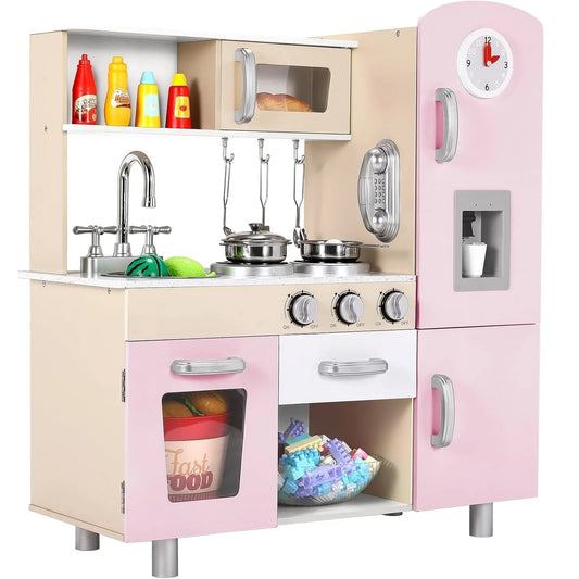 Kids Ages 3+ Wooden Play Kitchen Set  with Lights, Sounds, Stove, and Microwave included Coffee Maker