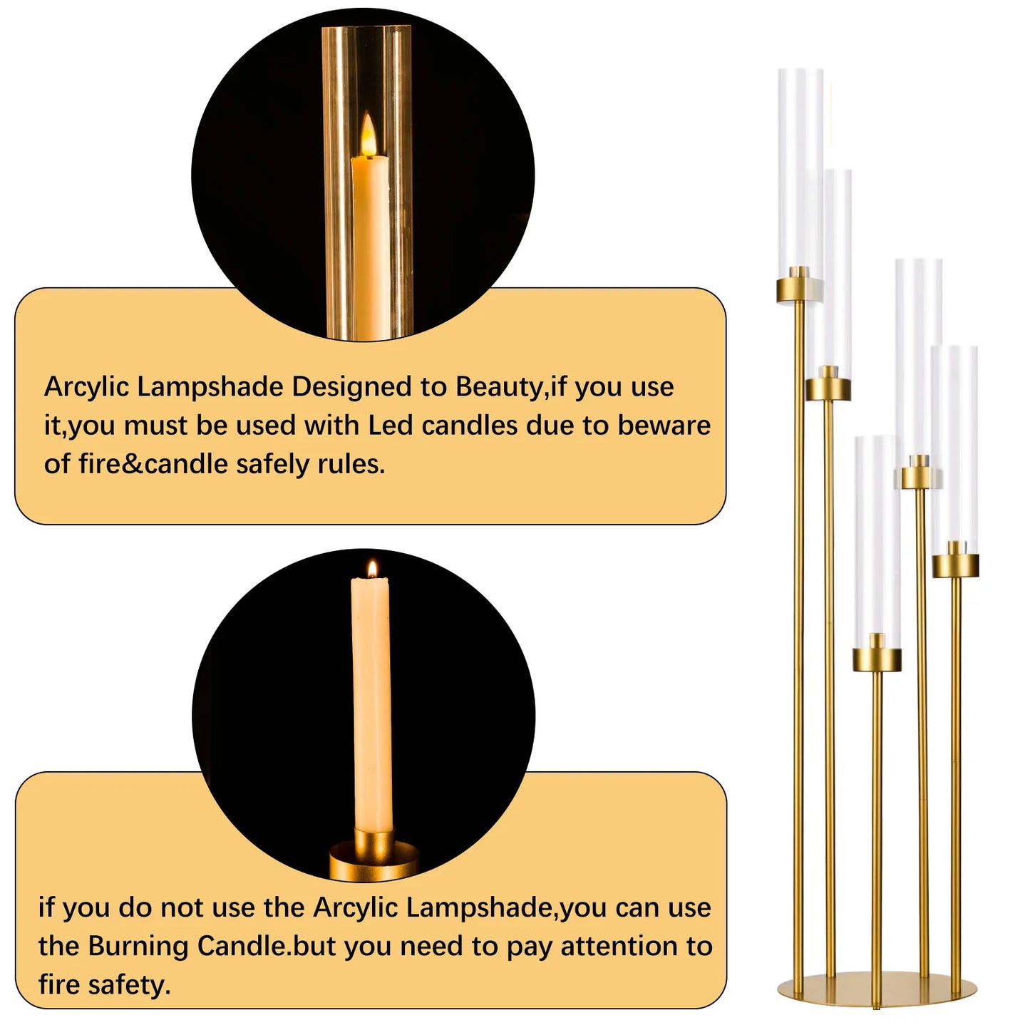 10PCS Tall Gold Floor Candelabra, 5 Arm Candle Holder with Acrylic Lampshade for Wedding Table or Birthday Party