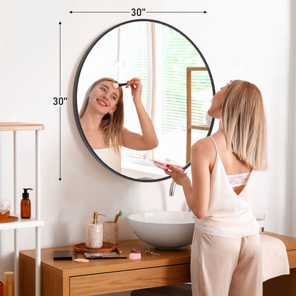 Large Gold Round 30 inch Modern Tempered Glass Framed Mirror for the Wall in Bedrooms or Living Room