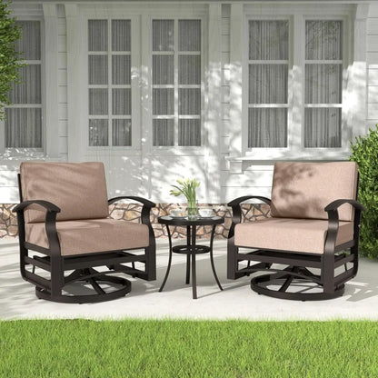 3 Pieces Outdoor Aluminum Swivel Glider Rockers Bistro Patio Set with Tempered Glass Side Table