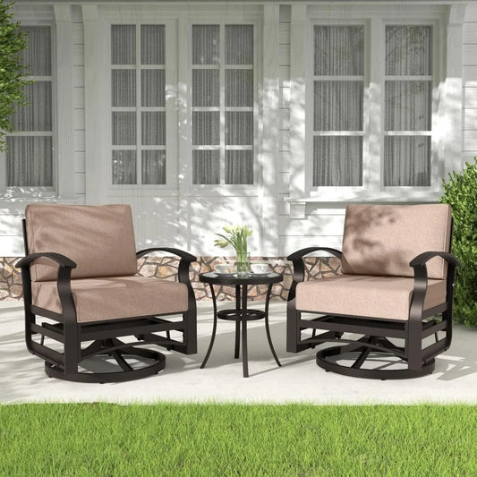 3 Pieces Outdoor Aluminum Swivel Glider Rockers Bistro Patio Set with Tempered Glass Side Table