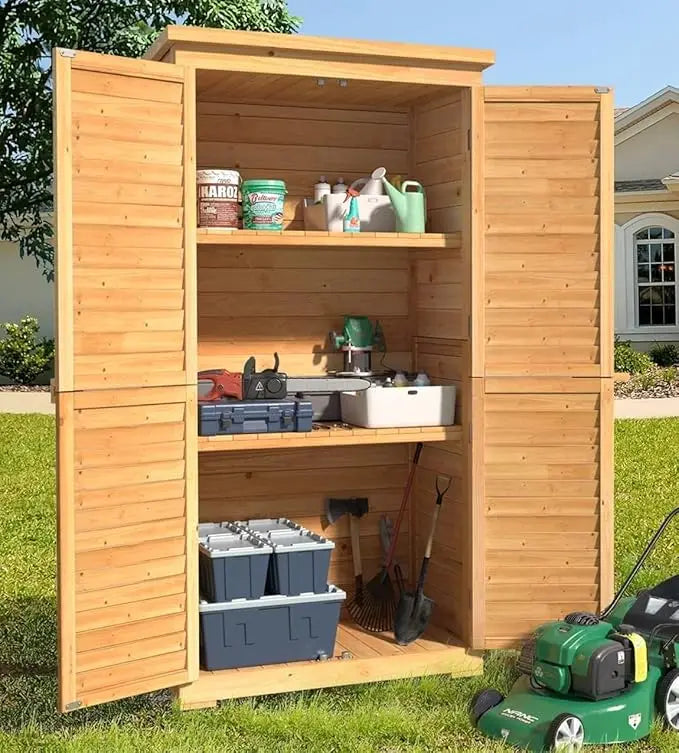 Vertical Tall Wooden Garden Storage Cabinet with 3 Shelves, Double Lock and Waterproof Roof.