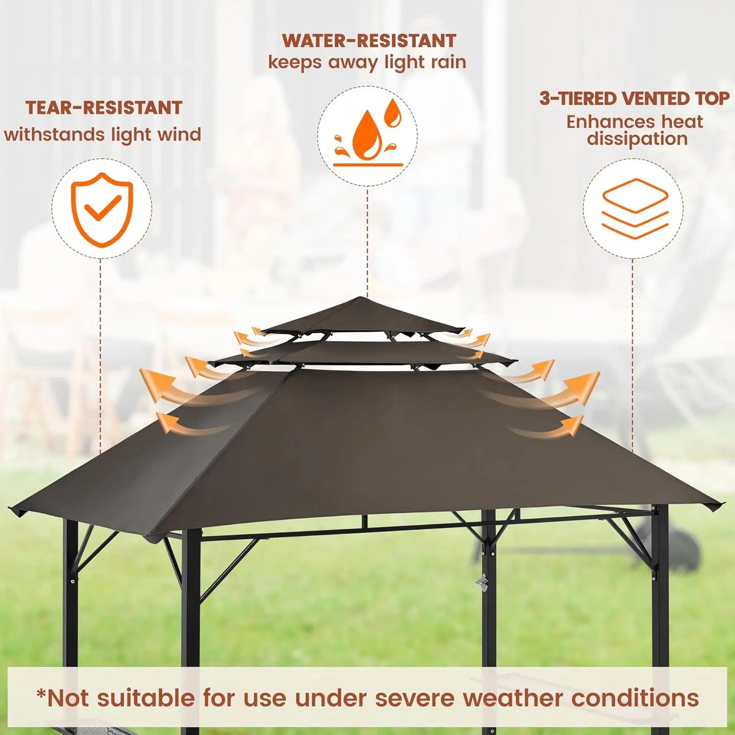 8x5' 3-Tier Grill Gazebo for Cookouts with Height-Adjustable Shelves & 10 S-Shaped Hooks & Built-in Bottle Opener, Brown