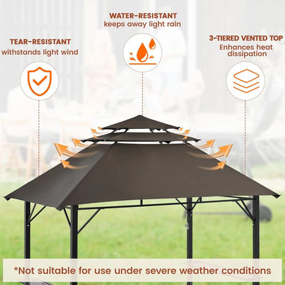 8x5' 3-Tier Grill Gazebo for Cookouts with Height-Adjustable Shelves & 10 S-Shaped Hooks & Built-in Bottle Opener, Brown