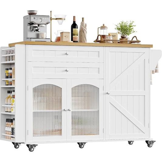 Rolling Kitchen Island on Wheels with Storage, Wood Drop Leaf Countertop and Spice Rack