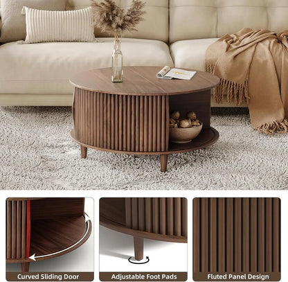Modern Mid Century Round Coffee Table with Storage and Sliding Cabinet Door for the Living Room Home Center
