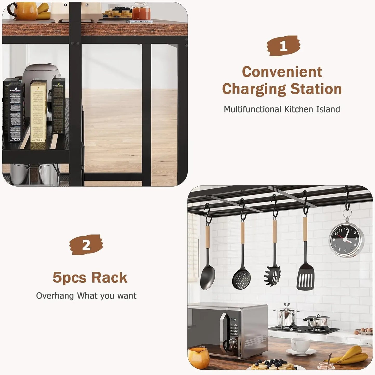 42" Kitchen Island 3 Tier Bakers Rack Storage & Seating with Microwave Stand, Dining Table for 4, 5 Hooks & 50lb Capacity