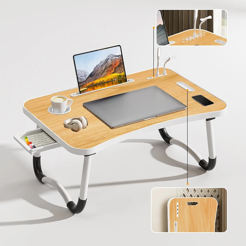 Portable Laptop Desk with USB Light, Small Fan, Cup Holder, Tablet Slot, and Lifting Handle - Foldable for Working,