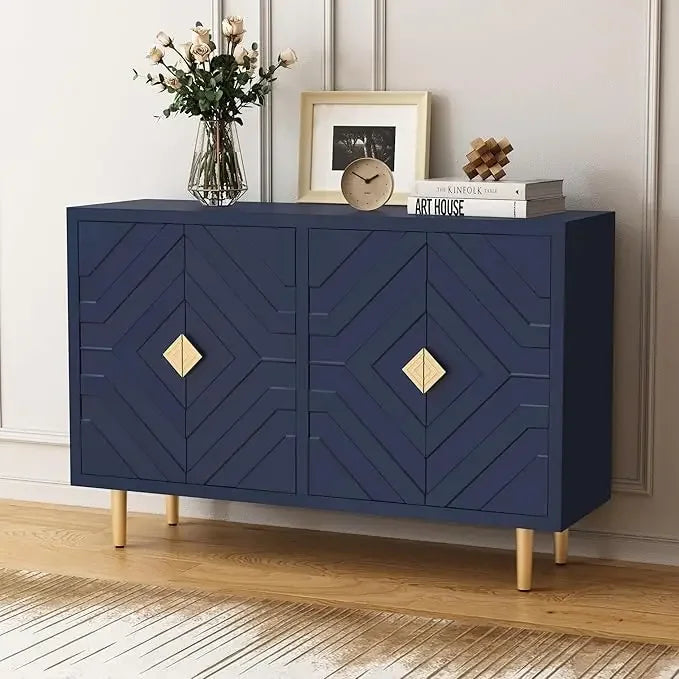 48" Accent Cabinet with 4 Doors and Shelves, Modern Sideboard Buffet Cabinet with Decorative Embossed Pattern Doors