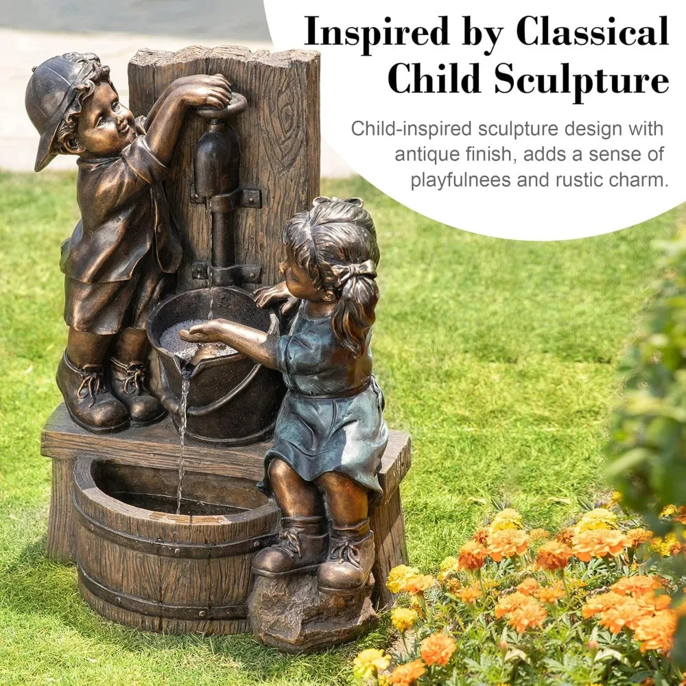 Water Fountain with LED Light, Children Playing with Faucet Waterfall Fountains, Antique Bronze Resin Boy and Girl Statues.
