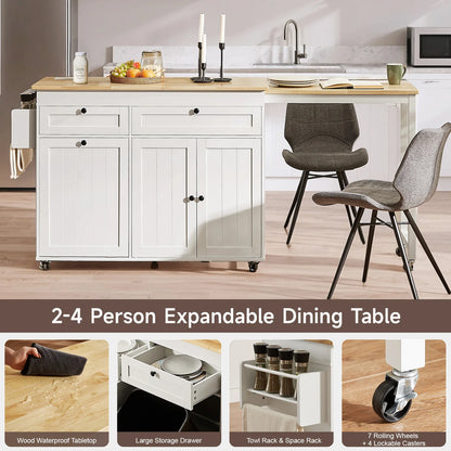 81.7" Mobile Kitchen Storage Islands with Extendable Dining Table, Rolling Kitchen Cart with Power Outlet, Trash Cabinet