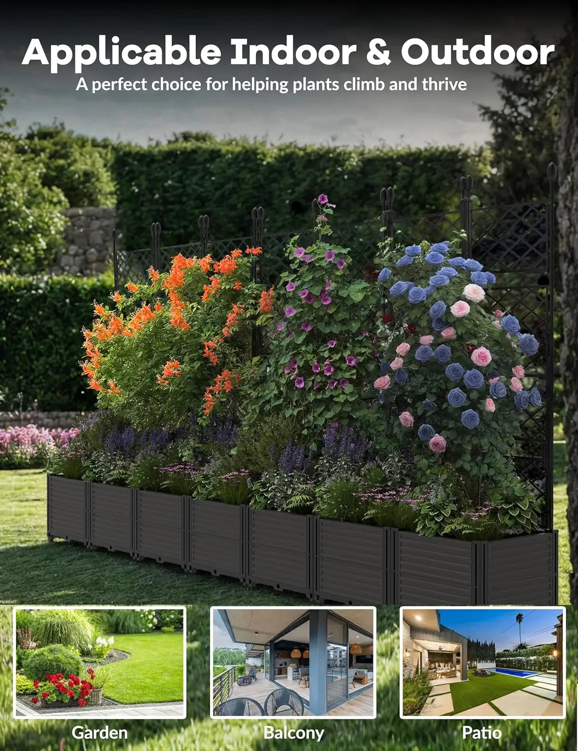 5.25FT Tall Plastic Raised Garden Planter Bed  with Trellis Rack and Drainage for Outdoor Balcony, Patio, Flower, and Vegetable Planting